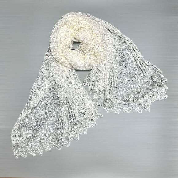 Goat Wool Lace Knit Oblong Shawl Scarf Handmade Russian Orenburg Style Ivory - Picture 2 of 11